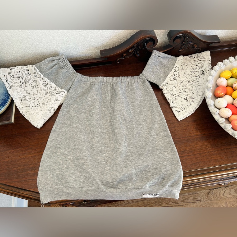 Poor Pitiful Pearl Reworked Off The Shoulder Heather Grey Lace Sleeve Top